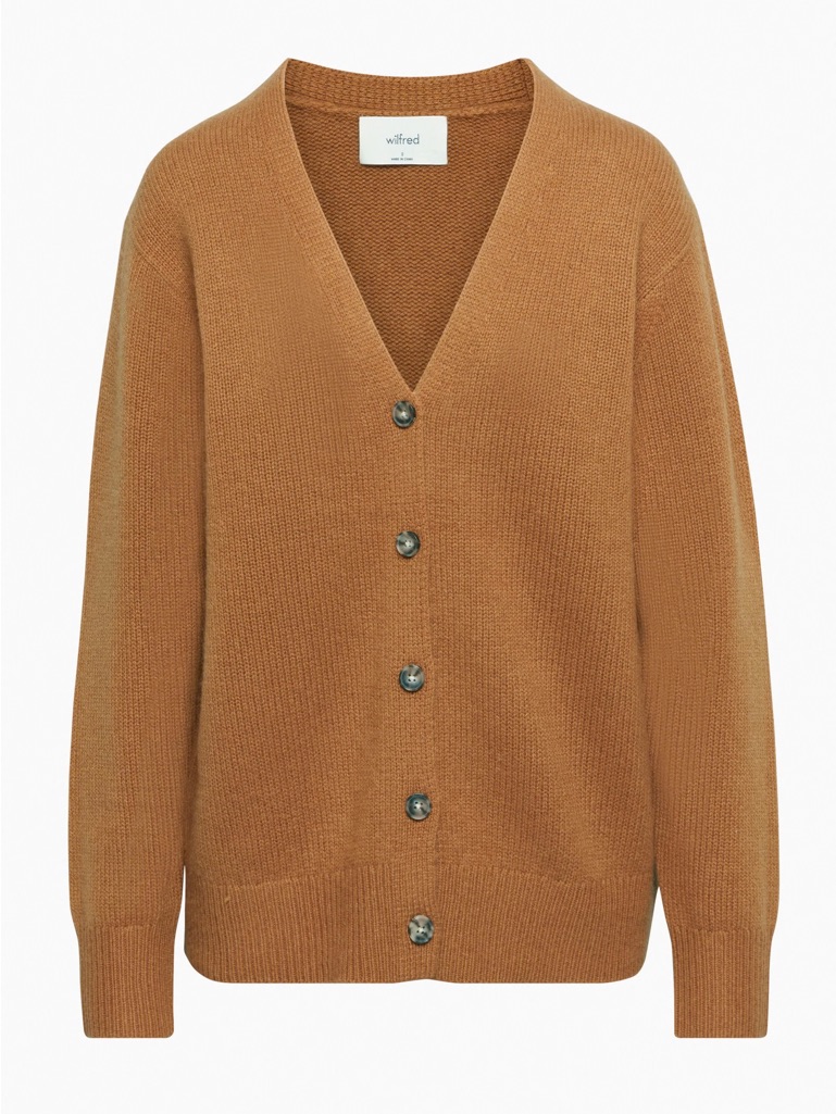 Aritzia Wilfred Cashmere V-Neck Cardigan Size Medium Ribbed Tan Brown Luxury